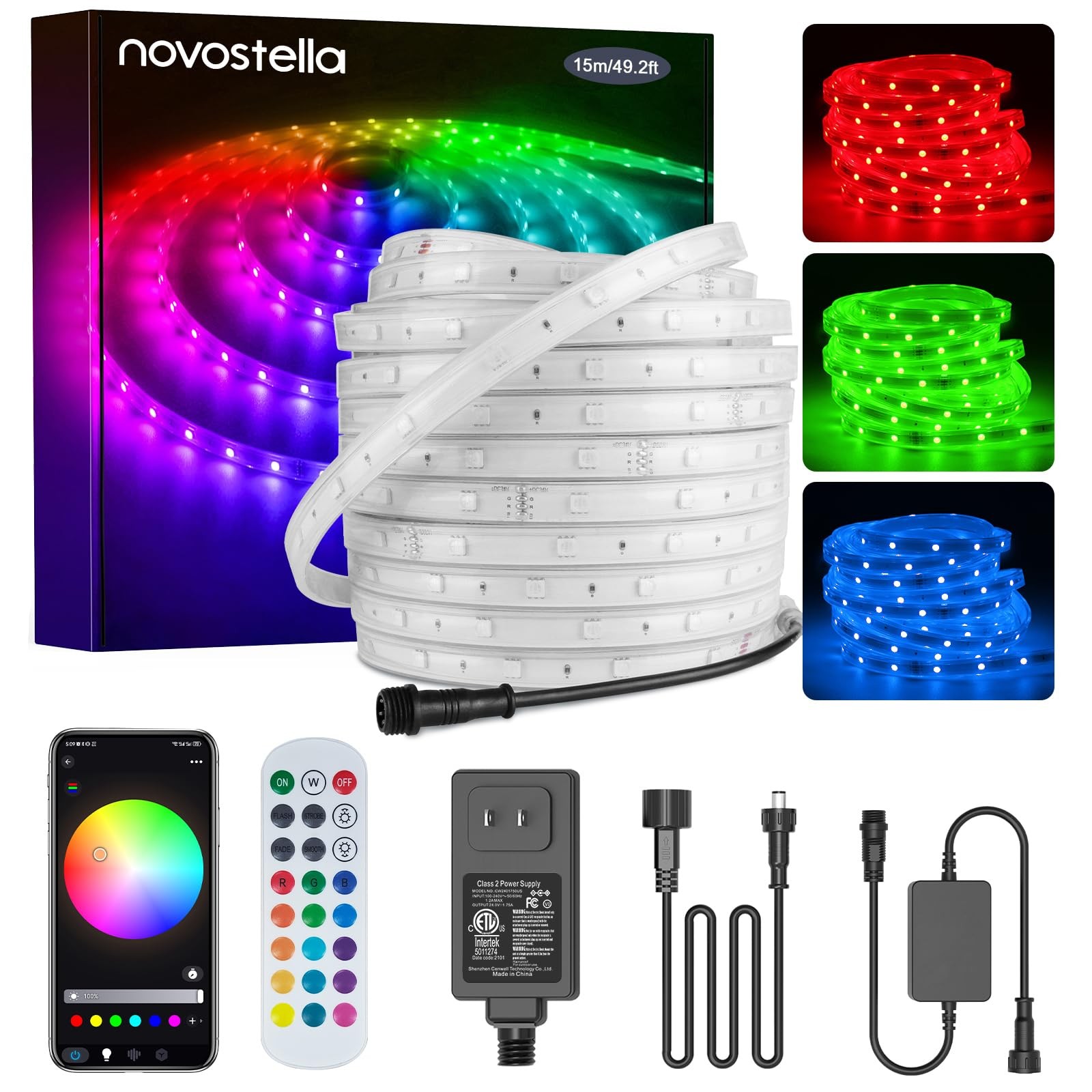 Novostella 49.2ft Smart LED Outdoor Rope Light, Music Sync RGB Strip Lights, ...