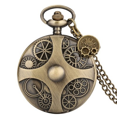 Steampunk Gear Embossed Men Full Hunter Quartz Pocket Watch with Pendant Watch