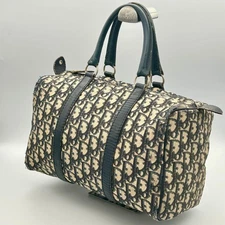 Christian Dior Trotter Boston Bag Canvas Leather Navy Brown DR #111