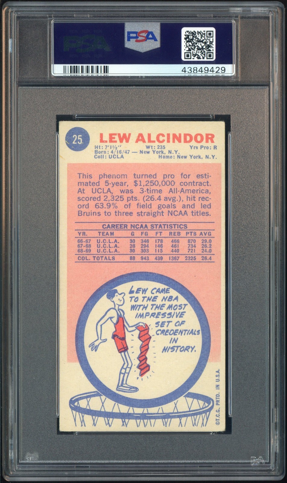 1969-70 Topps Basketball #25 Kareem Abdul-Jabbar RC HOF PSA 2 PSA/DNA AUTO view 2