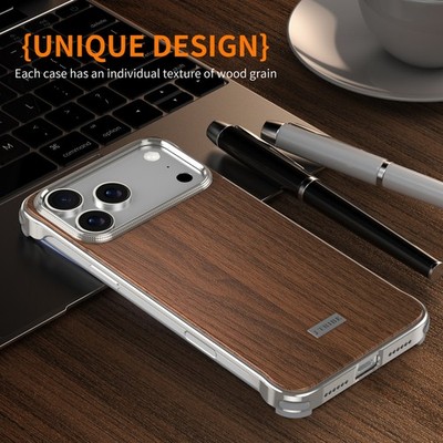 Wood Grain Aluminum Frameless Magnetic Case Cover For iPhone 17 16 15 Pro Max
