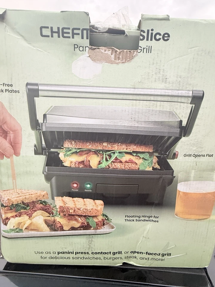 Prensa y parrilla Chefman 3 en 1 Panini, 4 rebanadas antiadherente, se abre plana - inoxidable Foto 4 de 4