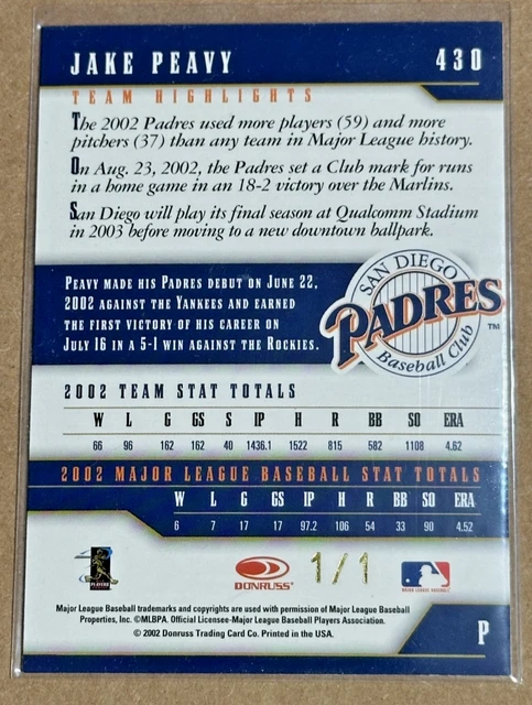 Jake Peavy 2003 Donruss Team Heroes 24th National Atlantic City #430 (#1/1) SP