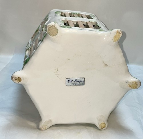 Vintage Old Venezia Italy Ceramic Pottery Porcelain Bird Cage In Pink And White - Picture 8 of 14