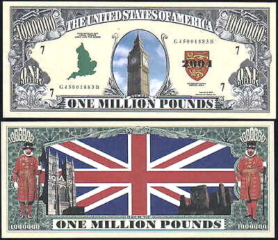 England Million English Pounds Bill Play Funny Money Novelty Note + FREE SLEEVE