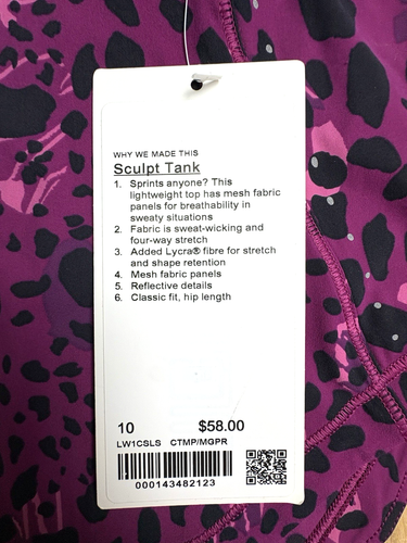Lululemon Sculpt Tank Size 10 Back Vent Cheetah Camo Magenta Purple *NWT - 第 3/11 張圖片