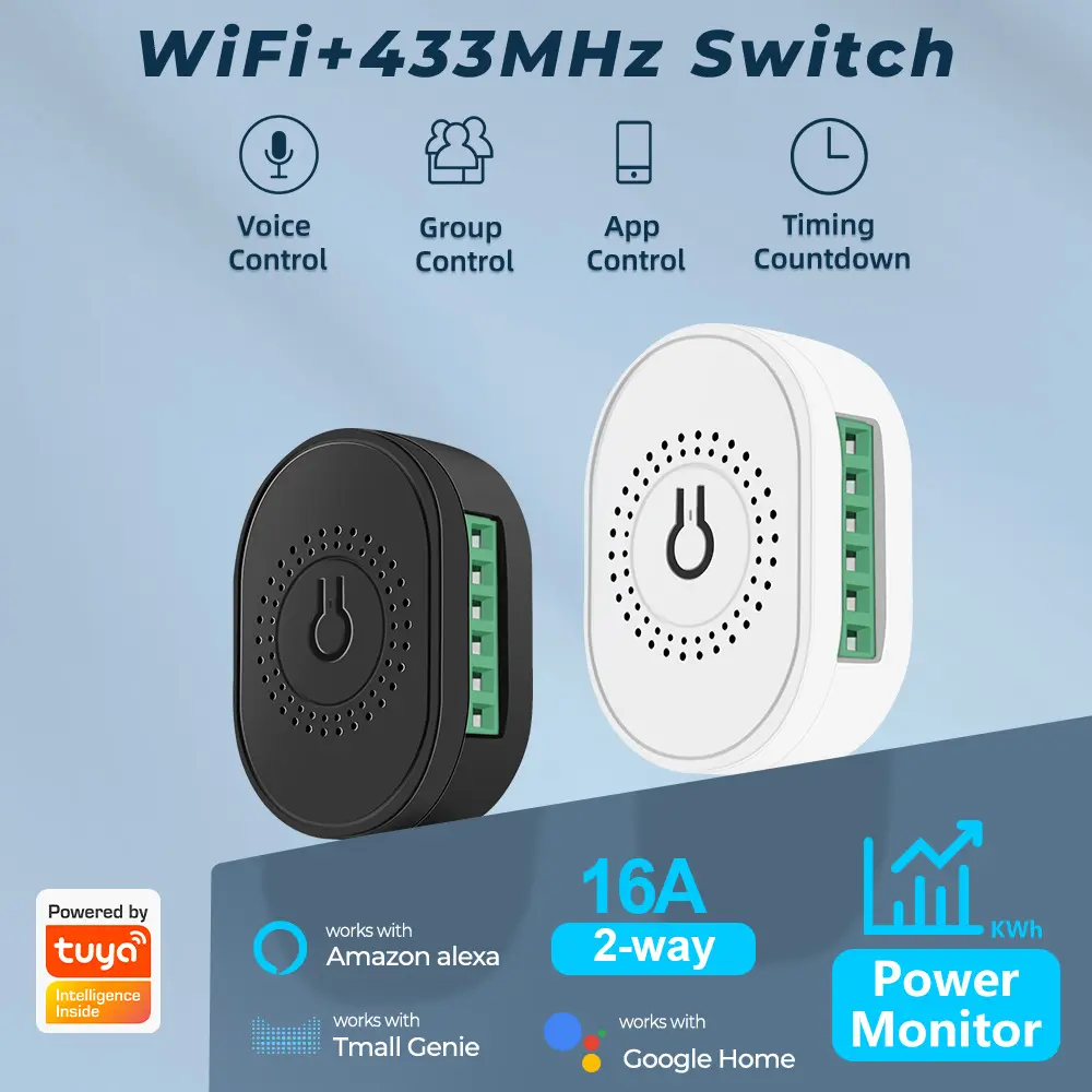 Tuya 16A Wifi + RF 433 Mini Switch With Power Mornitor 2-way Timer Relay Breaker