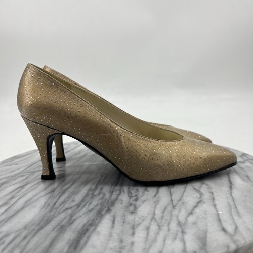 Stuart Weitzman Gold Sparkly Pumps Womens 6.5 Pointed Toe Slip On Kitten Heels - Picture 2 of 12