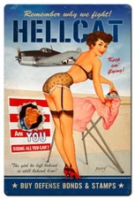 RISQUE GIRL WAR BONDS GRUMMAN HELLCAT F6F 36" HEAVY DUTY USA MADE METAL ADV SIGN