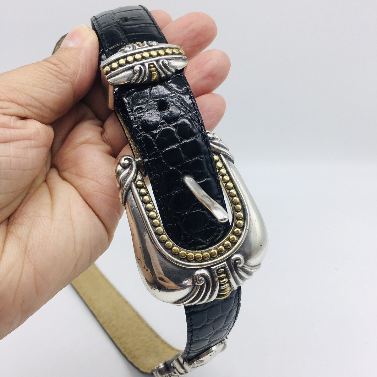 Vintage Dicelli 1997 Croc Style Brown Leather Belt Silver Tone Conchos USA Small Vintage Dicelli 1997 Croc Style Brown Leather Belt Silver  main image 2