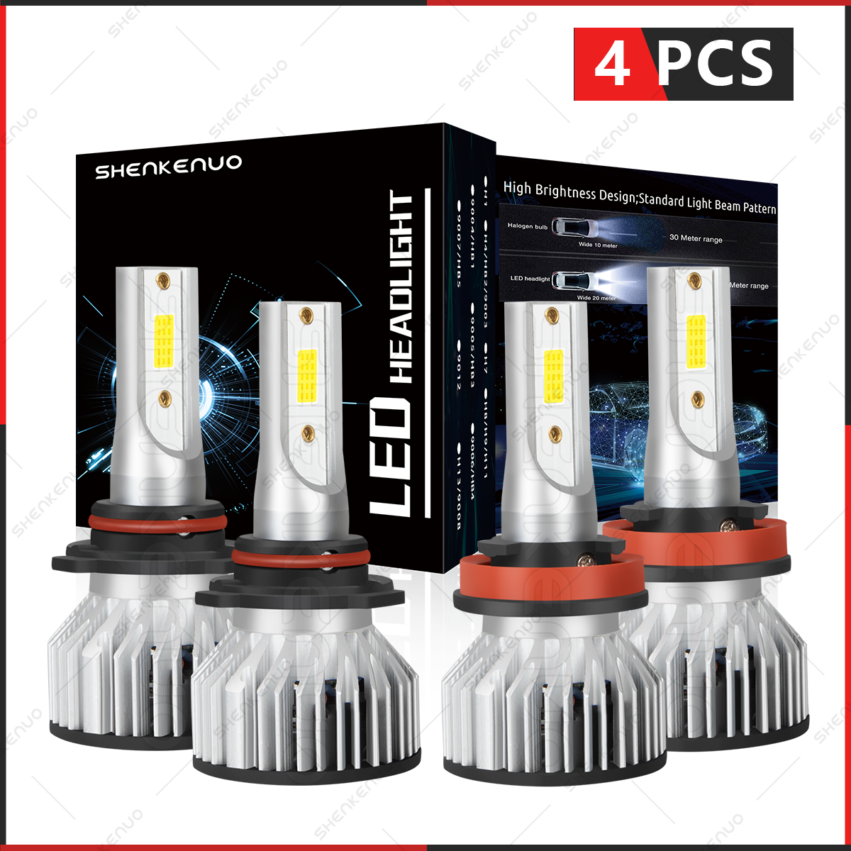 6500K White LED Headlight Bulbs Conversion Kit 9005 H11 High Low Beam 4x