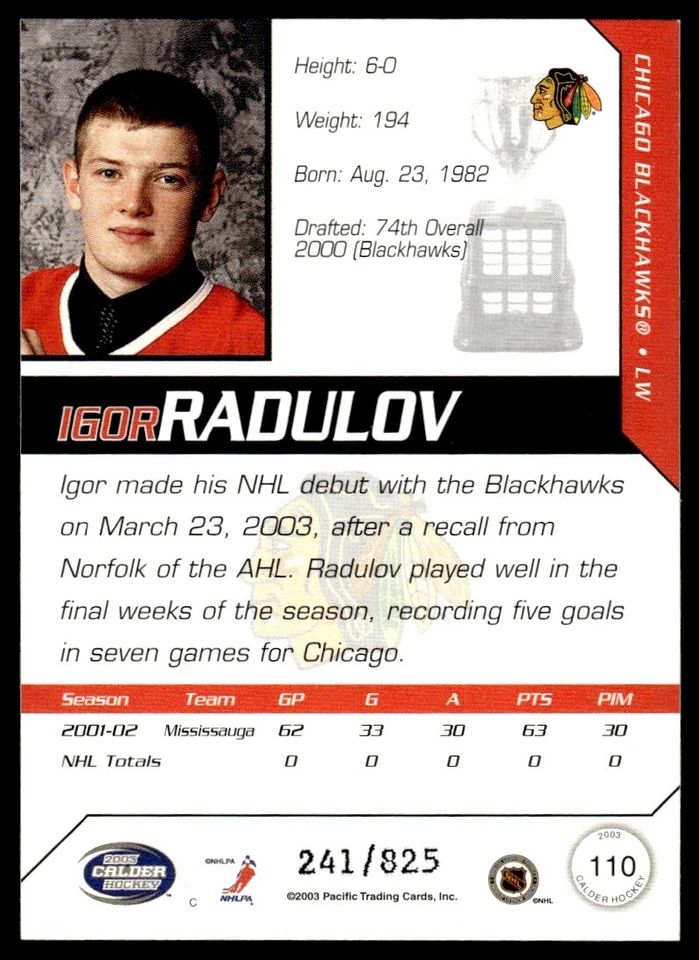 2002-03 Pacific Calder Igor Radulov Rookie 241/825 Chicago Blackhawks #110 - Image 2 of 2