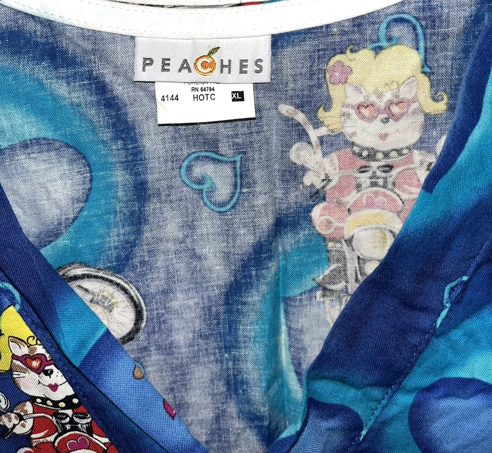 Peaches HOTROD CAT Hospital Pediatric Nurse Scrubs Short Sleeve Sz XL - Image 2 of 2