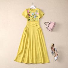 New Women's Round Neck Short Sleeve Embroidery Beads Flower A-line Party Dresses