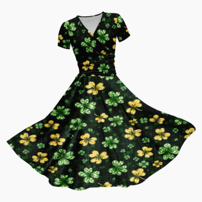 Women's Lucky Clover V Neck Midi Dress Ladies Short Sleeve Beach Sundress