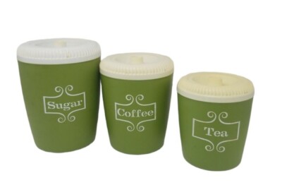 Vtg MCM Retro Canister Set of 3 Avocado Green and White Plastic Nesting Canister