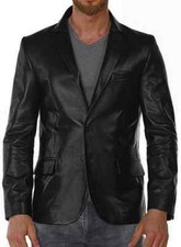 Men's Leather Black Button Style Genuine Leather Blazer Lambskin Slim Fit Soft