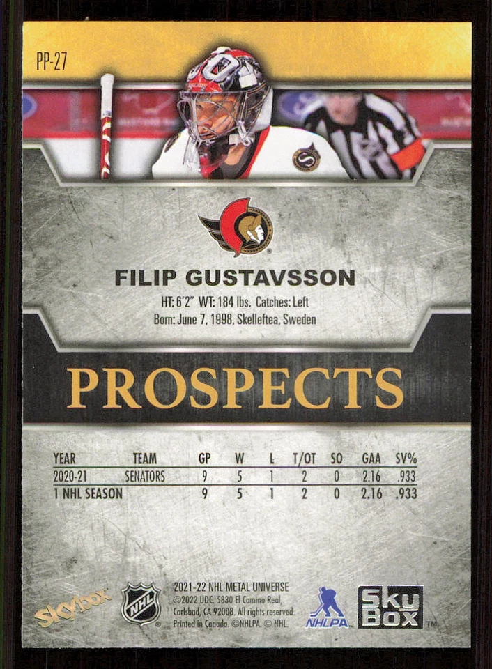 2021-22 Metal Universe Skybox Premium Prospects #PP27 Filip Gustavsson - Image 2 of 2