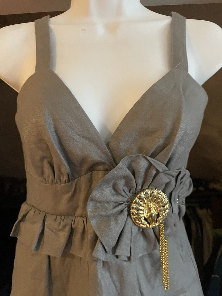 Linen Dress Voom by Joy Han 100% Ruffle with Flower Appliqués Gray XS - Image 2 of 4