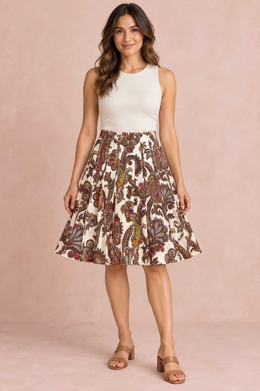 Cabi Paisley Fit Flare Skirt Size 8 Button Front