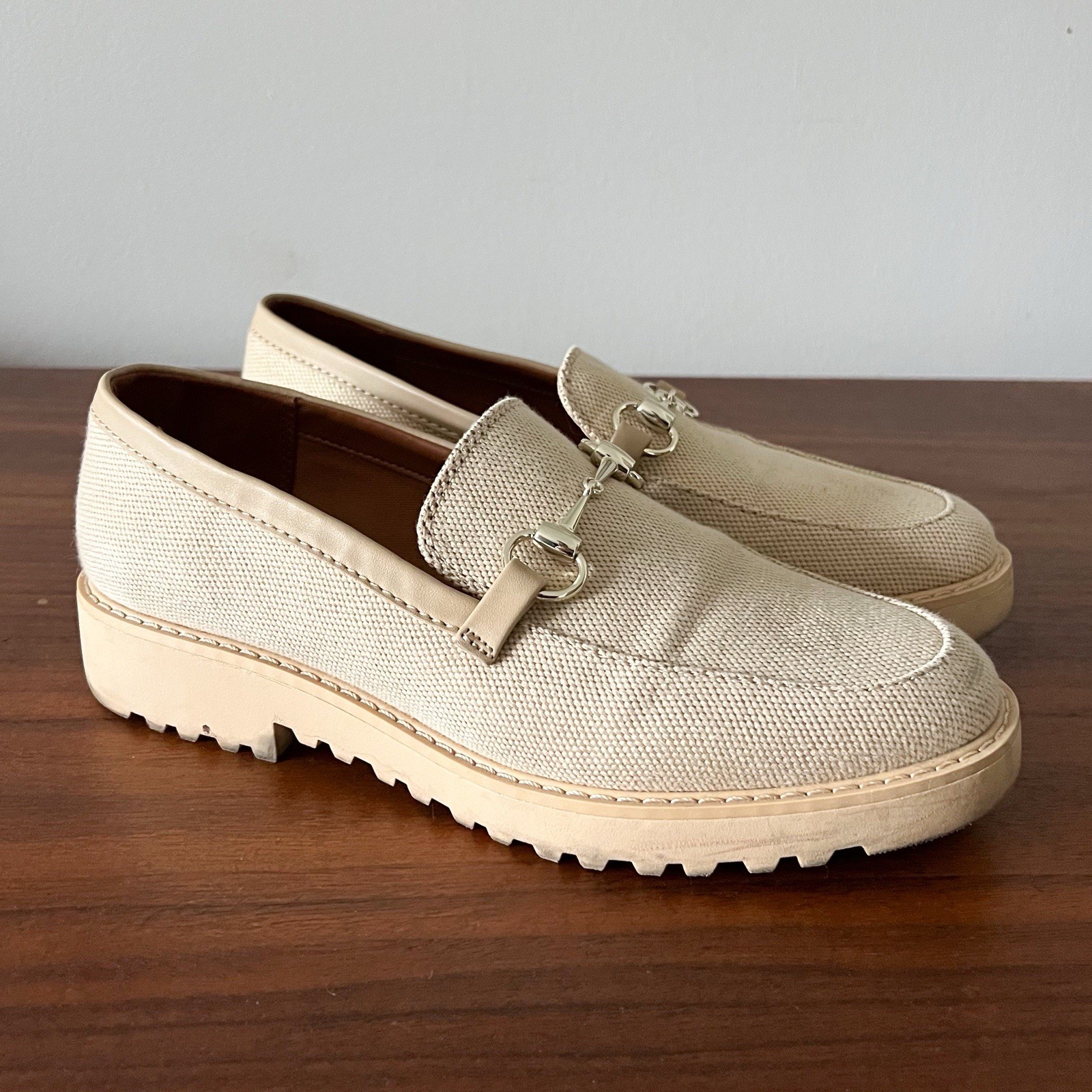 Franco Sarto Women’s Loafers 7.5M Beige Canvas Lug Sole Horsebit Slip On Shoes