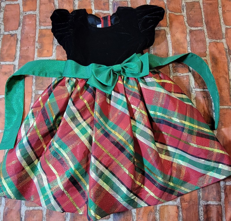 Bonnie Jean  Sz 4T Christmas Dress Black Velvet Plaid Metallic Gold Party