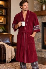 Vintage Mervyns Mens Robe One Size Burgundy Striped Sleeve Belted Lounge 80s