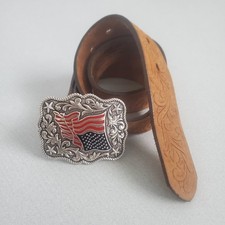 Nocona American Flag Belt Buckle and Justin Belt Size 24 Youth Western USA