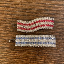 Vintage 2 Pcs Clear Rhinestone Hair Barrette Clip Prong Set Red White Blue