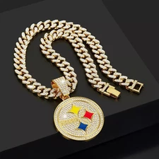 Steelers GEM NECKLACE Gold/Silver Bling Hip Hop Pittsburgh Pendant & 24" Chain