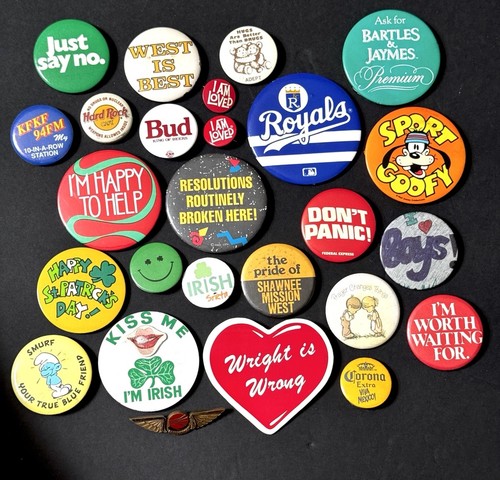 Pin Back Buttons Brands Funny Sayings 80’s 90's Bud FedEx KC Royals Goofy VTG