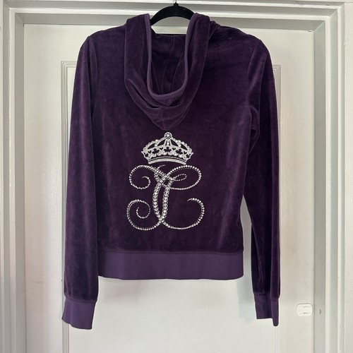 Juicy Couture Hoodie Women Large Purple Y2k Velour Zip Up Rhinestone Crown Logo
