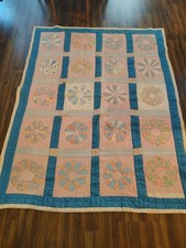 Vintage Dresden Quilt, depression era feedsack material 68x75 Read Description