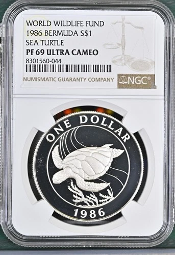 1986 BERMUDA SILVER 1 DOLLAR S$1 SEA TURTLE BEAUTIFUL COIN NGC PF 69 ULTRA CAMEO
