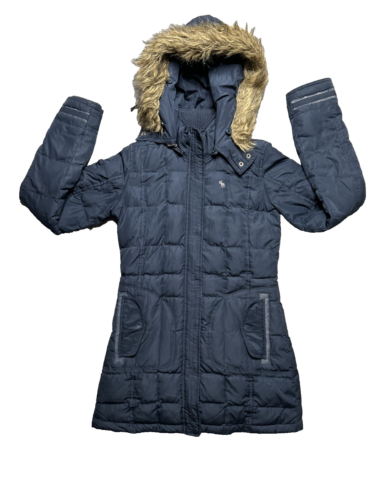 Abercrombie Fitch Puffer Jacket Womens M Blue Faux Fur Hood Quilted Parka