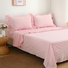 Peach Blush White Plaid Ruffle Gingham Sheets Twin Size 4-Piece Set, 300TC 10...