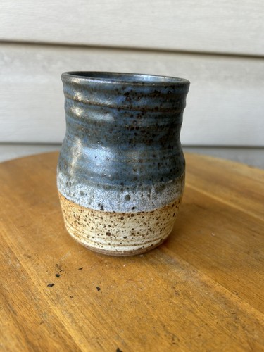 Blue Tan Speckled Stoneware Farmhouse Art Pottery Jar Small Vase 4" Signed