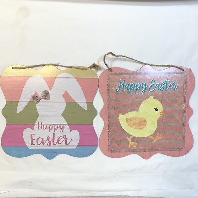 EASTER BUNNY RABBIT & CHICK Hanging Wall Door Decoration 9.5'' Sign Lot of 2 New