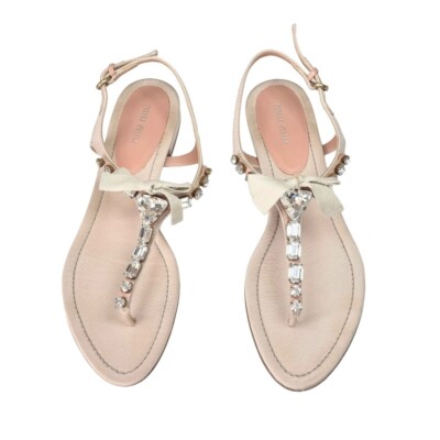 【Miu Miu】フレンチ テリー スライド サンダル ストラップ pink Vintage Miu Miu T-Strap Sandals Pink Blush Crystal