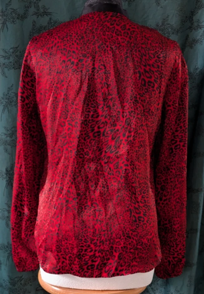 Sisley Leopard Print Faux silk Satin Black/Red Shirt Pussycat Bow Small 8/10 UK — 第 4/4 张图片