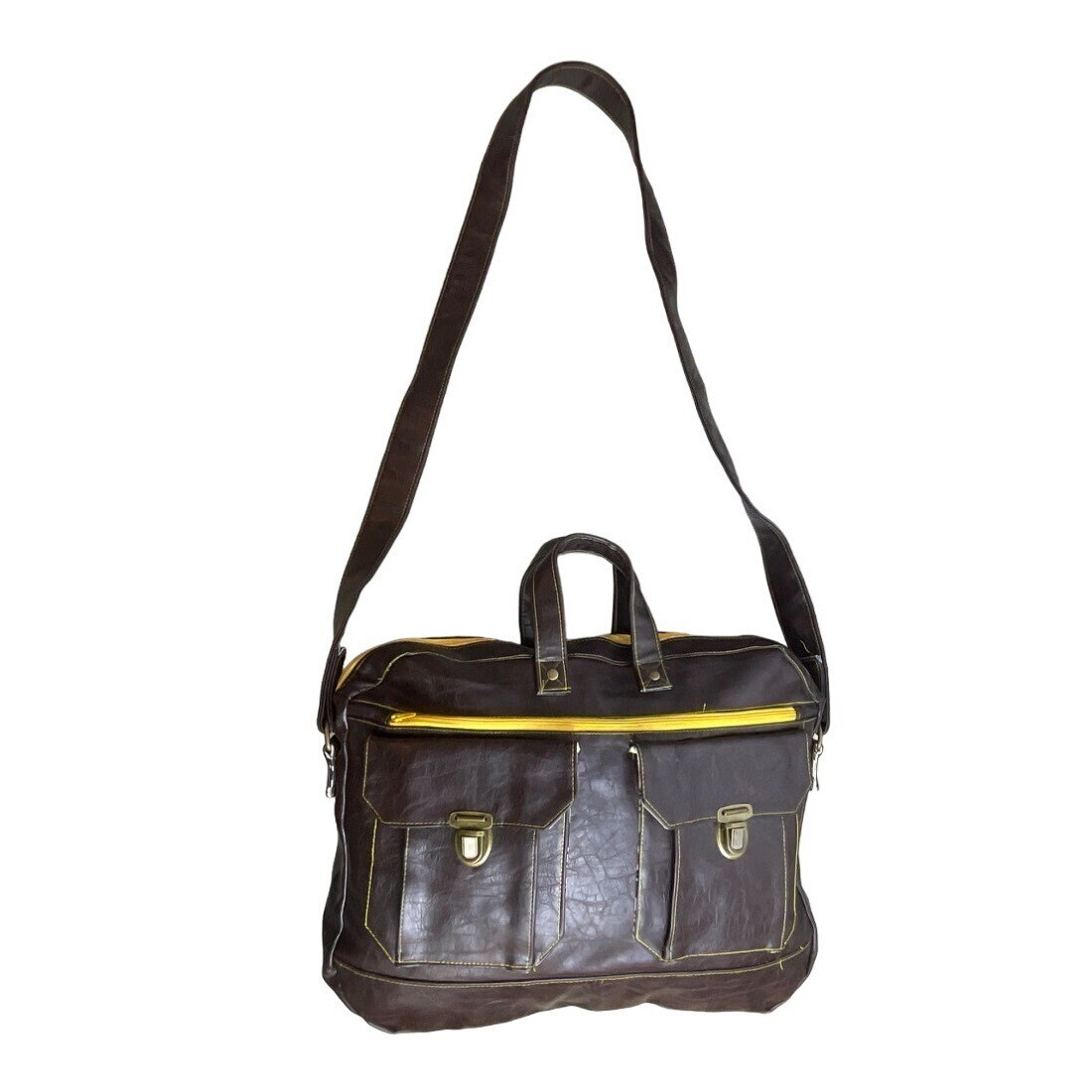 Women's Brown Faux Leather Pilot Bag with Straps Size L