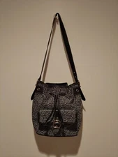 Stone Mountain Canvas Logo Design Cinch Top Bag Blue Leather Trim Medium