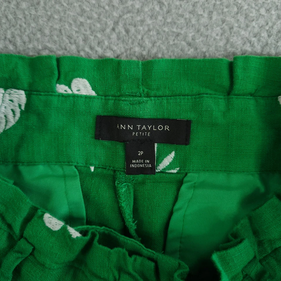 Pantalones Cortos Ann Taylor Mujer 2P Verde Blanco Bordado Hoja Bolsa de Papel Mezcla de Lino Foto 3 de 4