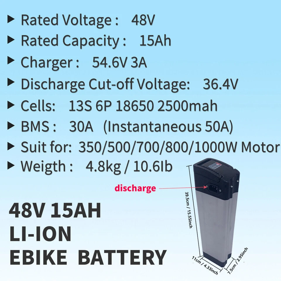 Paquete de baterías de bicicleta eléctrica de iones de litio 1000W 48V 15Ah Foto 3 de 4