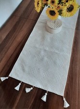 IVORY COTTON TABLE RUNNER - 100% ORGANIC BOHEMIAN STYLE WOODEN BEADED TASSELS