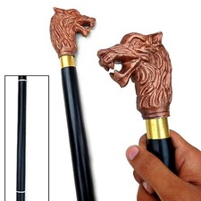 Antique Finish Nebula Dire Wolf Head Handle 3 Fold Black Wood Cane Walking Stick