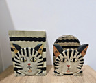 Folk Art Cat Hand Painted Wooden Folk Art Cat Mail Letter Napkin Holder & box