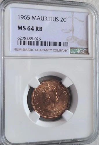 Mauritius 2 Cents 1965 NGC MS 64 RB, Top Pop!