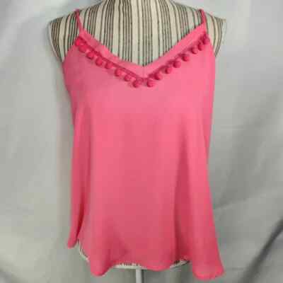 Aqua Pink Adjustable Spaghetti Straps Pom Pom Edged Front V Neck Top Size Medium