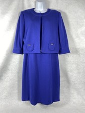 Tahari 2PC Dress Suit Women’s 14 Blue Blazer Button Ponte Long Sleeve Stretch